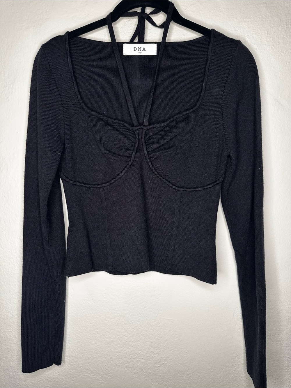 DNA couture Black Long-Sleeve Sculpted Bust Knit Top with Halter Tie